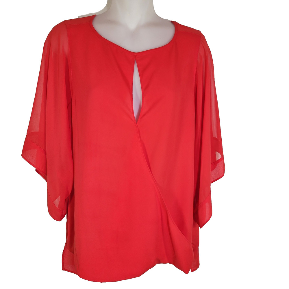 Jennifer Lopez Womens Chiffon Faux Wrap Top M Red Keyhole Wide 3/4 Sleeve Light